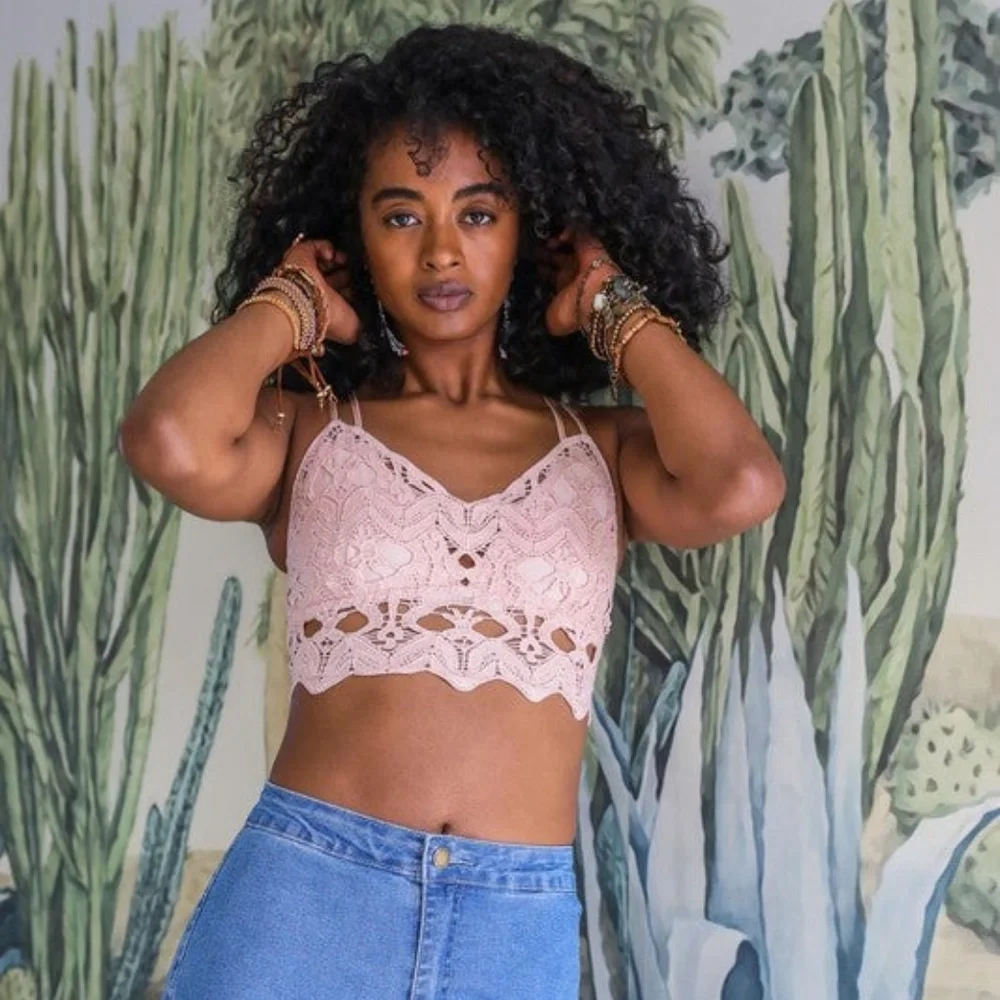 SOLD OUT Pink Crochet Longline Boho Cropped Bralette Top - Picture 1 of 3